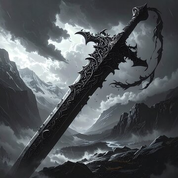 A dark fantasy sword with intricate designs and a dragon on it, plunged into the ground in a rugged landscape