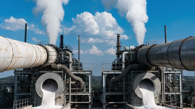 Daytime medium shot of industrial calcination kilns and coolers operating steadily outdoors highlighting the rotary equipment used in alumina production