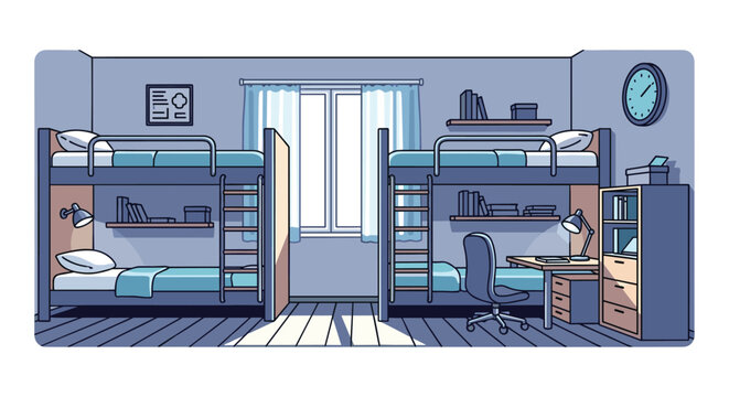 Cozy dormitory or hostel room features twin bunk beds, study desks with lamps, and organized shelving for students or travelers.