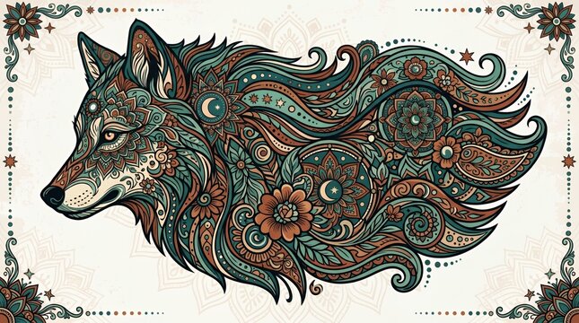 Artistic wolf profile with intricate floral and paisley patterns