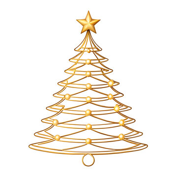 Golden Christmas Tree with Star and Lights on white isolated on a transparent background 1