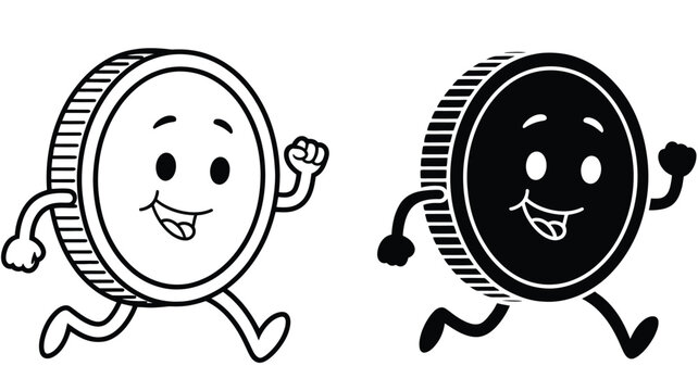 Minimalist black and white vector illustration of a running coin character, perfect for finance, savings, and investment-themed graphic design projects.