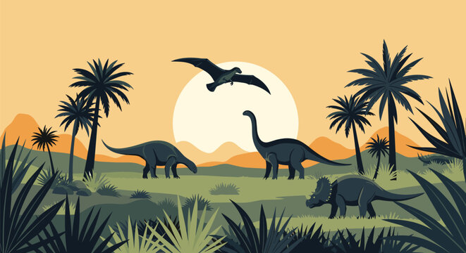 Prehistoric landscape at sunset featuring various dinosaur species like long-necked sauropods and triceratops roaming through palm trees.