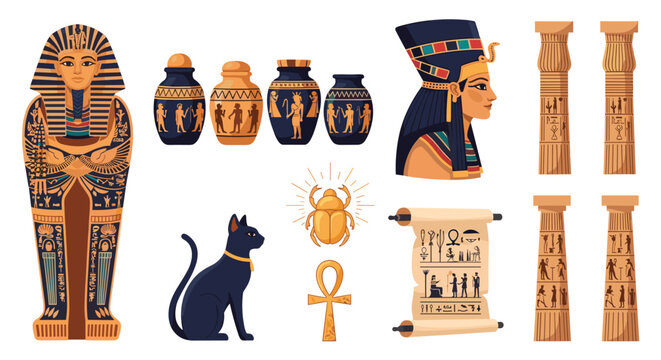 Extensive collection of ancient Egyptian artifacts such as a golden sarcophagus canopic jars bust of Nefertiti cat statue and a scarab.
