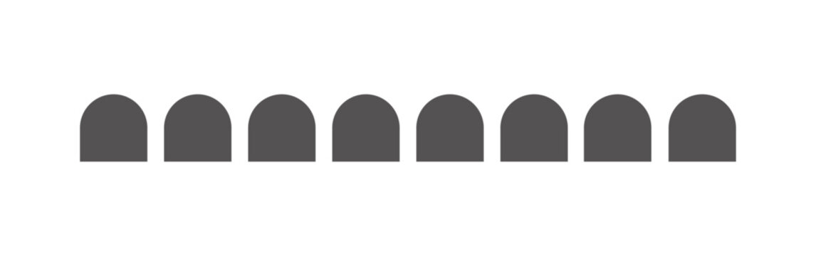 A row of seven gray arches on a white background