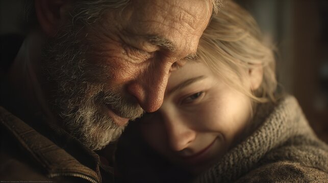 A soulful portrait of a sad senior woman and an elderly man captures the beauty and love shared by a couple who have faced a lifetime of family memories together