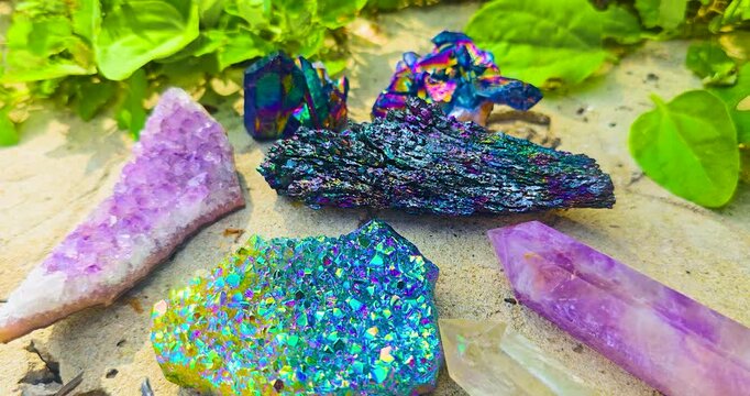 
Crystals and natural minerals lie in green grass. Yoga concept
