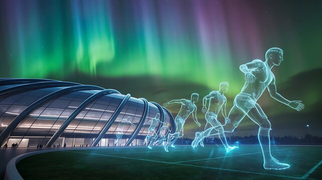 Futuristic stadium under an aurora borealis showcases glowing digital runners, merging sports technology with celestial beauty