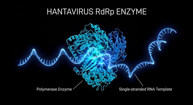A detailed 3D visualization showing the Hantavirus RdRp enzyme structure with an RNA template.