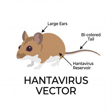 A detailed scientific illustration of a deer mouse acting as a hantavirus reservoir with labels.