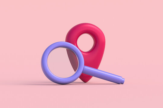 Position detection. Site selection analytics. Precise location search. Geographic data analysis. Exploring new destinations. Searching for a specific address. Magnifier near gps sign. 3d render