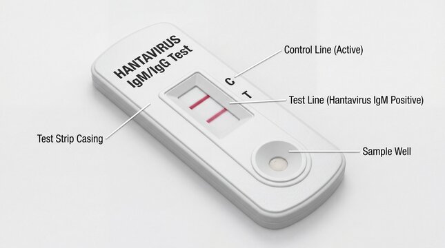 A Hantavirus IgM and IgG lateral flow diagnostic test strip showing a positive medical result case.