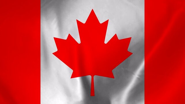 Close up of the Canadian flag waving with a red maple leaf symbol and red vertical stripes