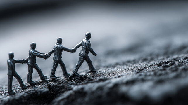 A thought-provoking close-up of miniature figures walking in a line, symbolizing unity and teamwork