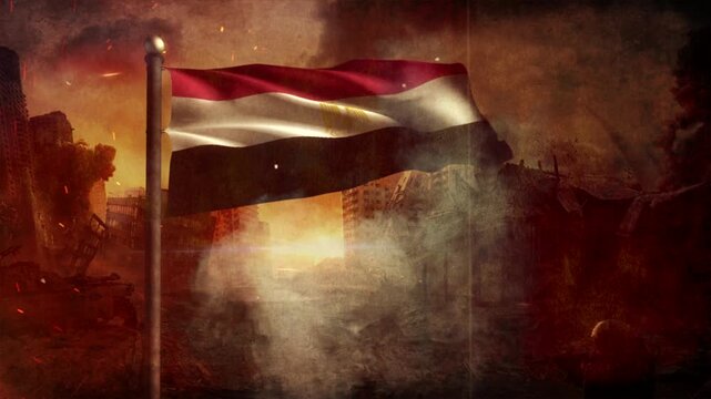Egypt Flag with Cinematic Apocalypse Scene and Burning City