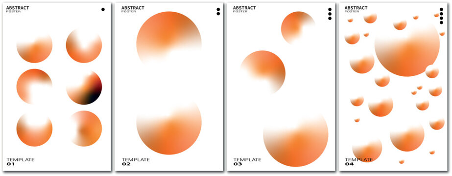 Set of four abstract poster designs featuring soft orange blurred circular gradient elements on white background for creative wall art exhibition or marketing materials.