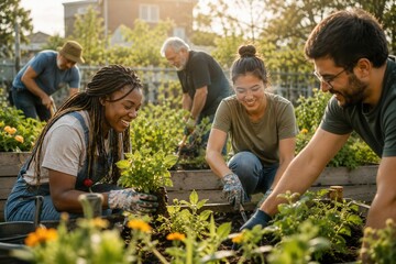 Obraz premium Sunlit garden where people share joy and effort
