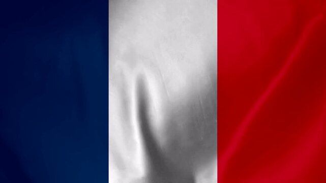 Waving French flag with blue white and red vertical stripes fabric texture background