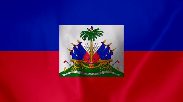 Haiti Flag Waving with Coat of Arms and Motto L Union Fait La Force Symbolizing Unity and Strength