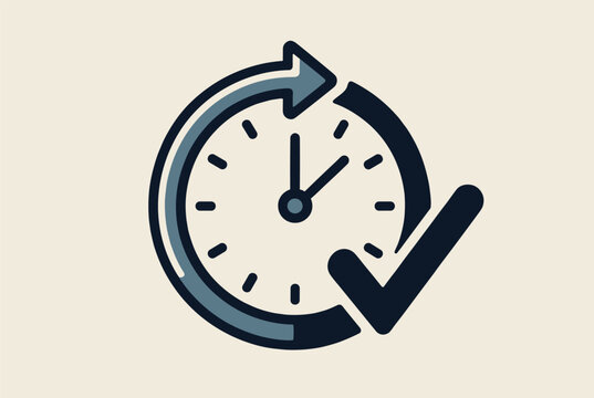 Professional icon showing a clock face with a rotating circular arrow and a bold checkmark representing punctuality and time management.