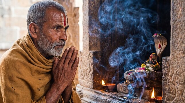 Devout senior Indian man with tilak praying with folded hands in front of a sacred stone snake deity shrine, cinematic smoke and clay diyas at ancient temple during Nag Panchami, commercial stock phot
