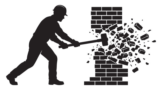 worker breaking wall silhouette construction demolition hammer