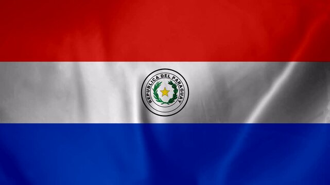 Paraguay National Flag Waving Fabric Texture with Emblem and Stars Detailed Close Up