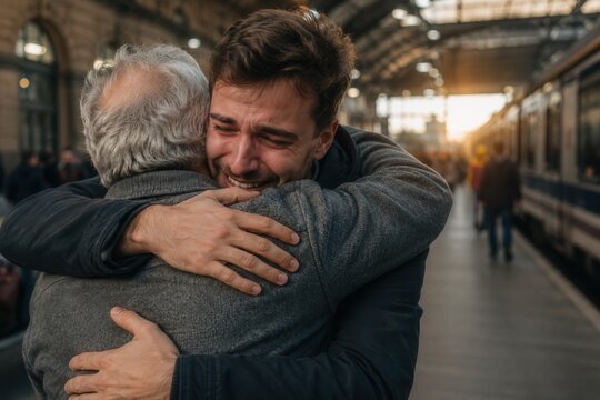 Young man embraces older man at train station