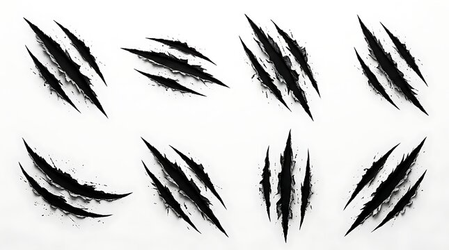 Set of black claw scratch marks isolated on white background