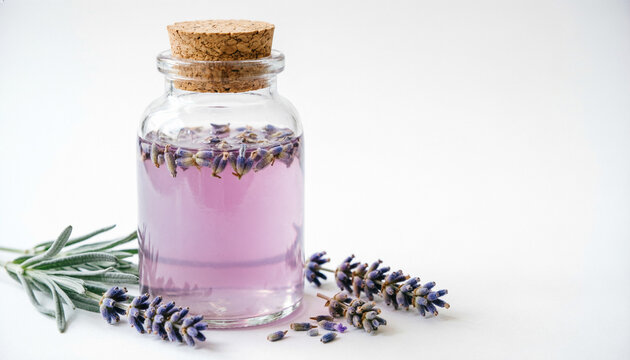 glass bottle with a lavender syrup, a few fresh lavender sprigs on white