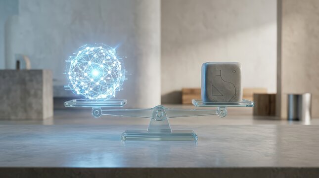 A futuristic digital globe with network connections balances on one side of a scale, while a physical cube sits on the other, symbolizing the contrast between digital and physical worlds.
