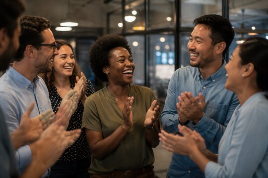 Diverse group claps joyfully in modern office space