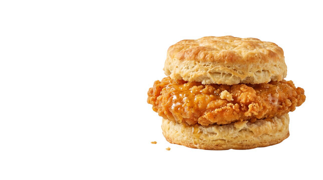 Crispy fried chicken biscuit sandwich with honey glaze, golden buttermilk biscuit breakfast, southern style breaded chicken fillet isolated PNG with Transparent Background