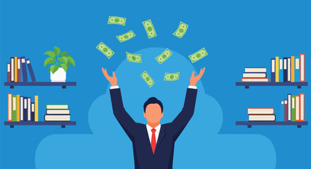 Businessman in a suit with arms raised, celebrating success as money rains down from above in a room with bookshelves on either side. © Sham