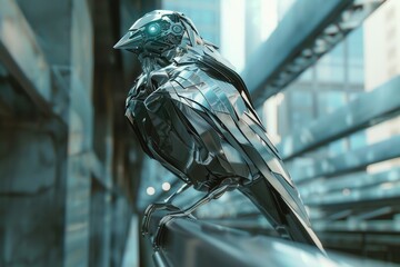 Obraz premium Metallic bird perches on sleek urban railing