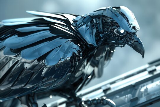 Metallic crow stands alert, eyes glowing with intelligence