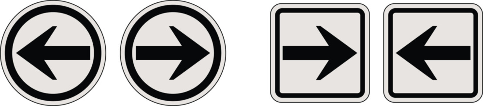 Black left and right arrow icon set in circle and square outline style. Bold monochrome directional navigation button collection for web and UI design. Minimal flat pointer symbol ideal for interface
