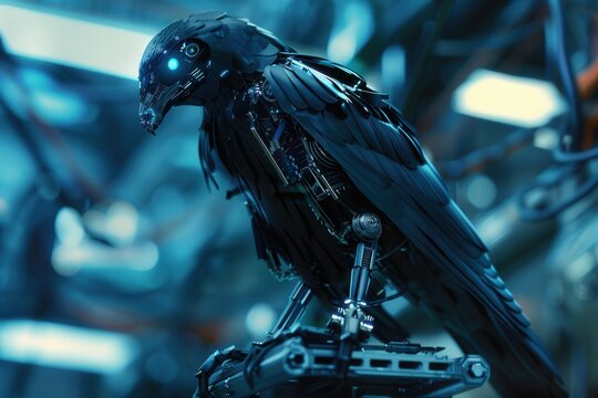 Cybernetic crow perches on mechanical armrest