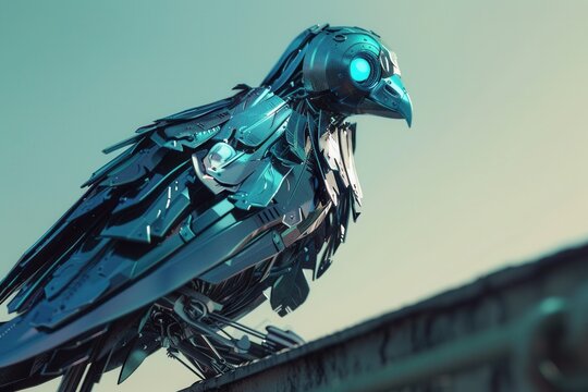 Metallic crow perches atop rusted structure