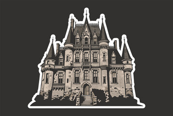 Obraz premium Intricate detailed illustration of a grand historic castle or mansion with many towers, windows, and ornate architectural features.