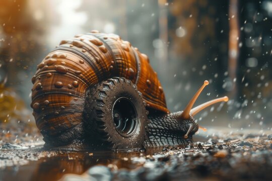 Raindrops fall softly on a glossy snail