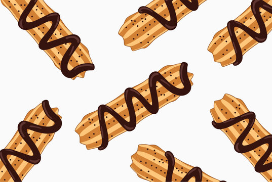 Delicious churros with dark chocolate sauce drizzle are arranged in a seamless repeating pattern over a clean white background.