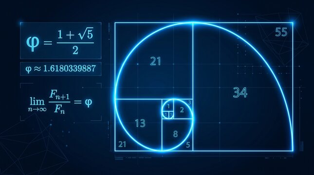 Digital representation of the Golden Ratio and Fibonacci sequence with mathematical formulas and a glowing spiral diagram.