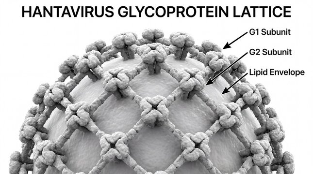A 3D Scientific Illustration Showing the Detailed Hantavirus Glycoprotein Lattice Surface Structure.