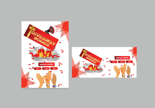 Red colour giveaway winner announcement elegant poster flyer banner social media post design vector illustration.