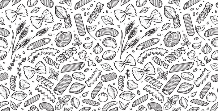 Hand drawn pasta and ingredients seamless pattern with wheat ears garlic basil leaves and tomatoes.