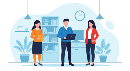 Professional office team working together inside bright workplace with bookshelves and laptop computer showing corporate lifestyle and productivity at work. © Sham
