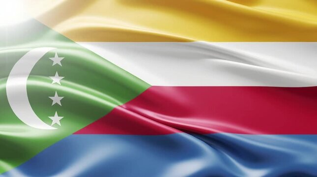 Vibrant waving flag of the Comoros Islands, featuring yellow, white, red, blue stripes, and a green triangle with a white crescent and four stars.