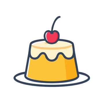 Cartoon illustration of a flan dessert with a cherry on top