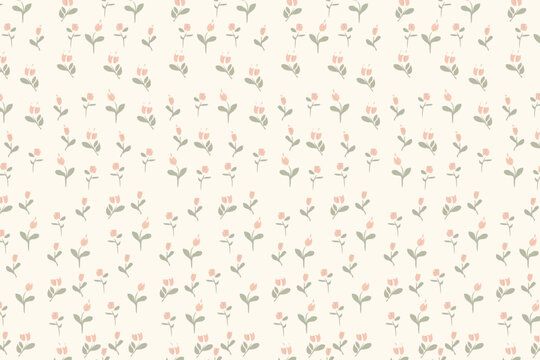 Cream seamless pattern with tiny scattered wildflower and stem motifs. Delicate ditsy floral design for fabric, wallpaper, and stationery print. Soft minimal botanical background ideal for nursery